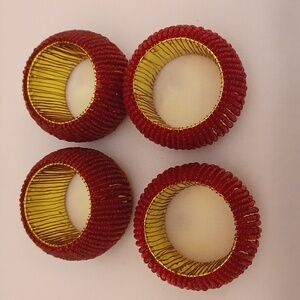 Handmade Set of Four Red & Gold Beaded 1.5" Napkin Ring Holders Made in India